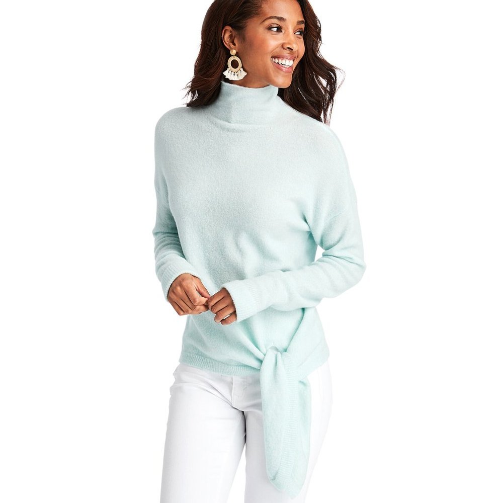 VIneyard VInes Baby Blue Tie Waist Mock Neck Wool Blend Sweater Women's Size L